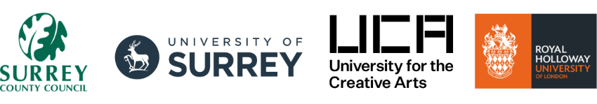 Logos for Surrey County Council, University of Surrey, University for the Creative Arts, Royal Holloway University