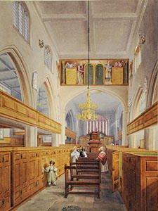 Watercolour of interior of St Mary's church, Lambeth, with priest and church visitors, 1830s (9043/2/5/1)