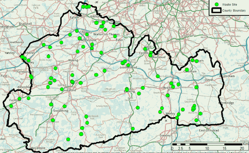 Map showing the locations of waste facilities in Surrey