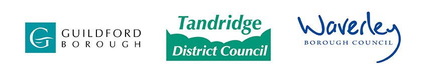 logos of the boroughs of Guildford, Tandridge and Waverley