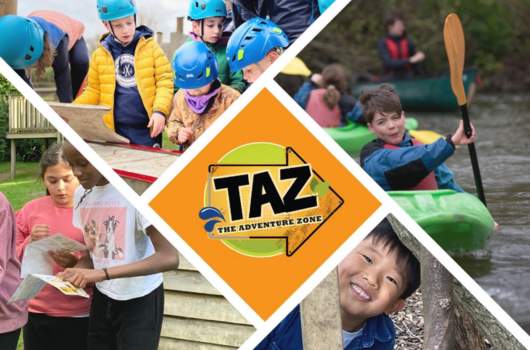 TAZ (The Adventure Zone) logo of an arrow on a green circle, surrounded by images of children doing orienteering, puzzle building and canoeing