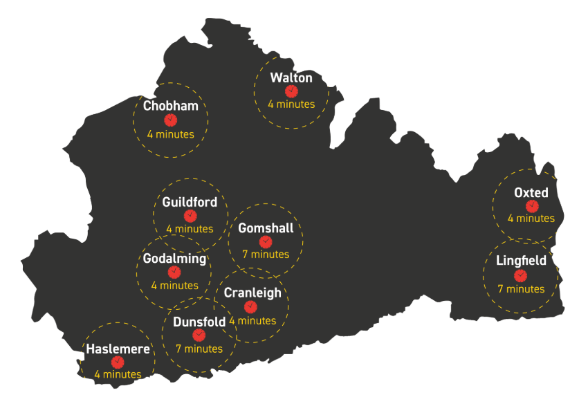 Haslemere: 4 minutes, Dunsfold: 7 minutes, Cranleigh: 4 minutes, Godalming: 4 minutes, Guildford: 4 minutes, Gomshall: 7 minutes, Chobham: 4 minutes, Walton: 4 minutes, Oxted: 4 minutes, Lingfield: 7 minutes