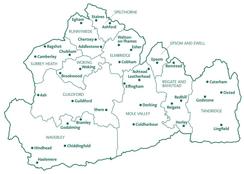 This is an image of a map of Surrey that outlines Surrey's eleven district and boroughs; Tandridge, Reigate and Banstead, Mole Valley, Epsom and Ewell, Elmbridge, Spelthorne, Runnymede, Woking, Guildford, Waverly and Surrey Heath