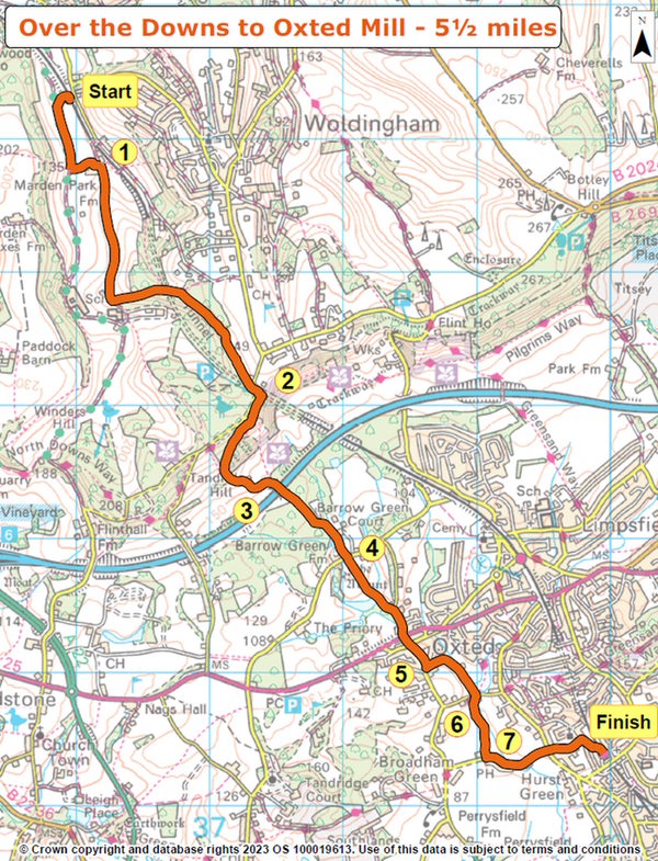 Map of the route for Over the Downs to Oxted Way. The route is fully explained on this page.