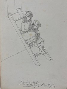 Charles Dodgson sketch of Charlotte Neal and Edith Morley, 1874 (reference DFC/A/22/1 page 5)