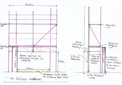 Side view of proposed scaffolding, hand drawn and clearly labeled