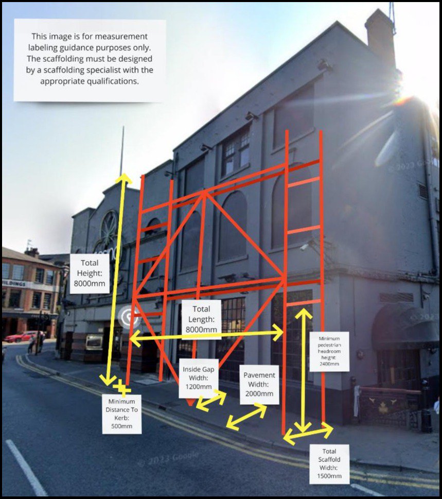 Digital drawing of proposed scaffolding, using Google Street view and then overlaying scaffolding drawing with labels