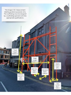 Digital drawing of proposed scaffolding, using Google Street view and then overlaying scaffolding drawing with labels