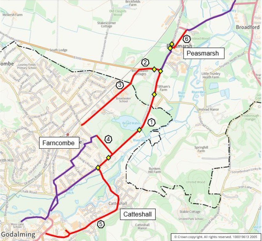 Map shows the southern section of the Guildford to Godalming Greenway