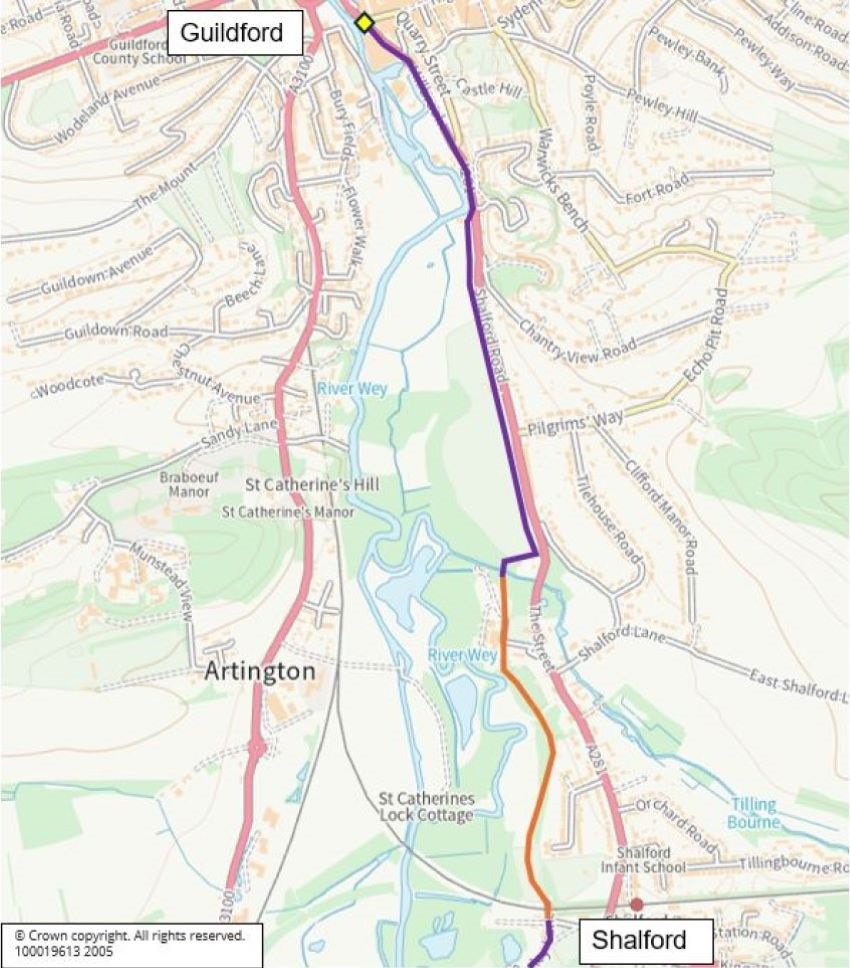 Map showing the northern section of the Guildford to Godalming Greenway