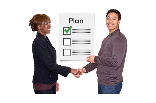 A young person and a professional shaking hands with a document titled 'Plan' behind them, with a green tick in a box.